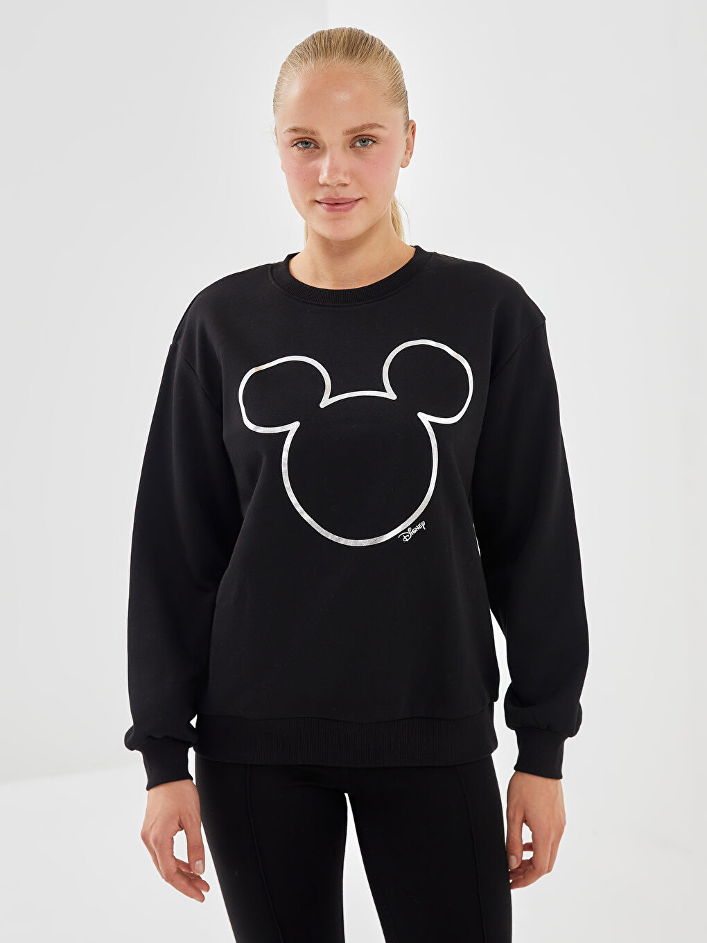 XSIDE Siyah Bisiklet Yaka Mickey Mouse Baskılı Oversize Kadın Kalın Sweatshirt