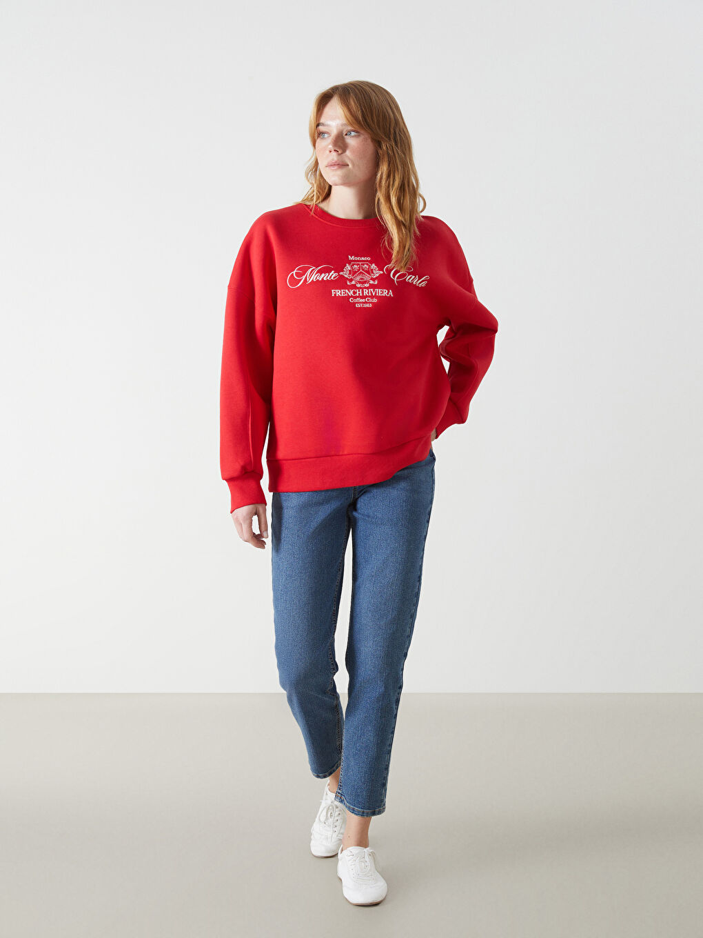 Kırmızı Bisiklet Yaka Baskılı Oversize Kadın Kalın Sweatshirt-1