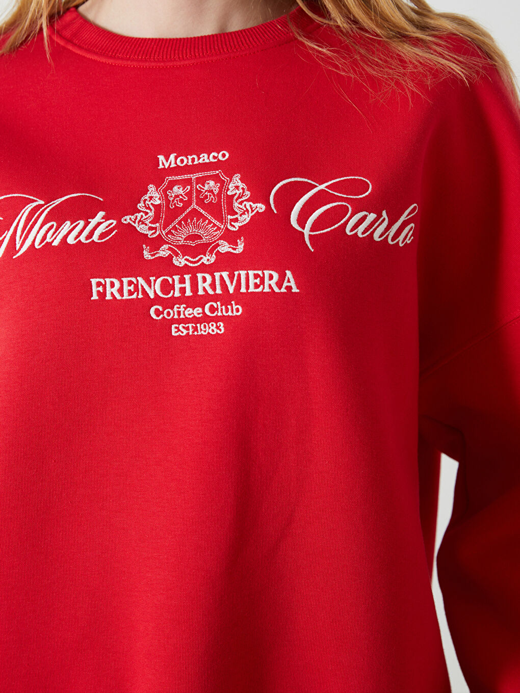 Kırmızı Bisiklet Yaka Baskılı Oversize Kadın Kalın Sweatshirt-2