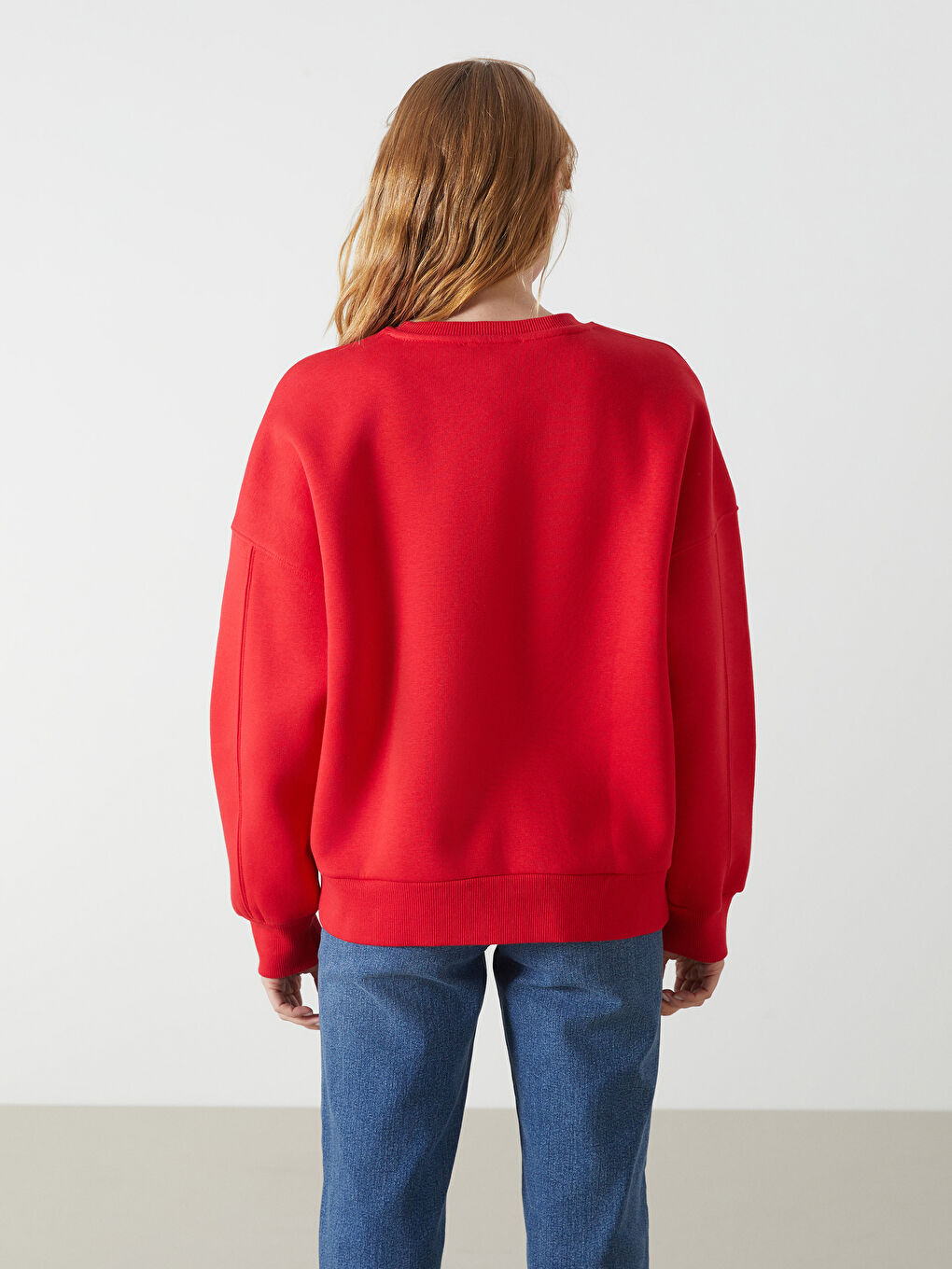 Kırmızı Bisiklet Yaka Baskılı Oversize Kadın Kalın Sweatshirt-3