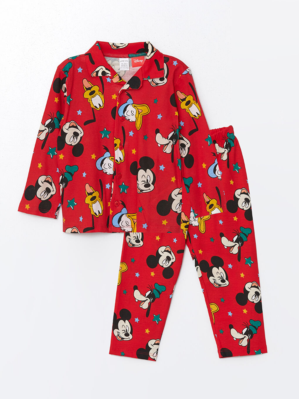 LCW baby Kırmızı Baskılı Polo Yaka Uzun Kollu Mickey Mouse Baskılı Erkek Bebek Pijama Takımı