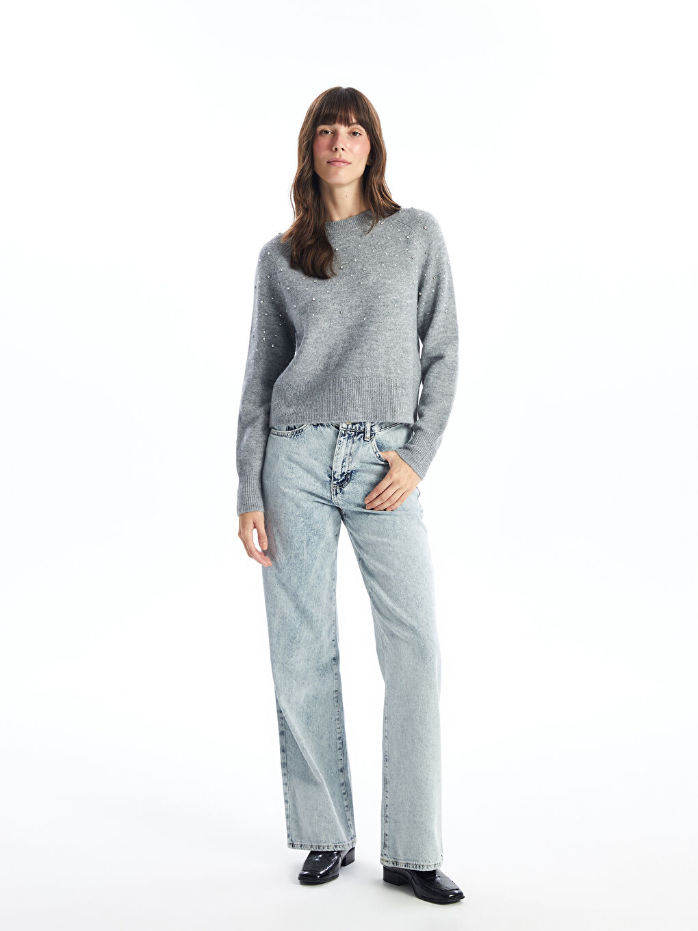 Crew Neck Rhinestone Embellished Women's Knitwear Sweater-1