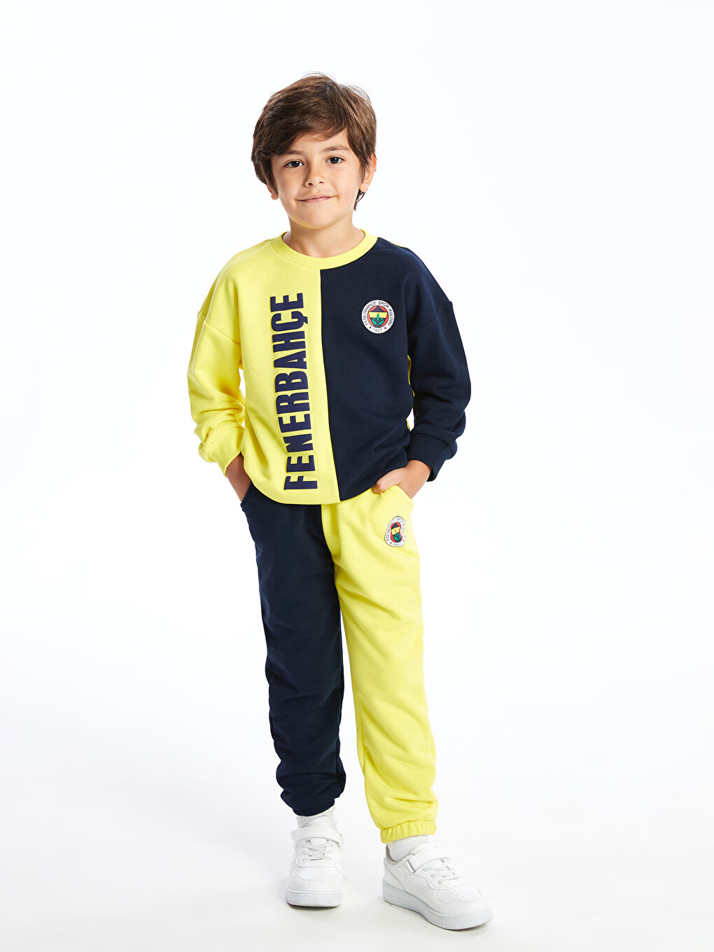 LCW Kids Sarı Bisiklet Yaka Fenerbahçe Baskılı Erkek Çocuk Sweatshirt ve Eşofman Altı Takım