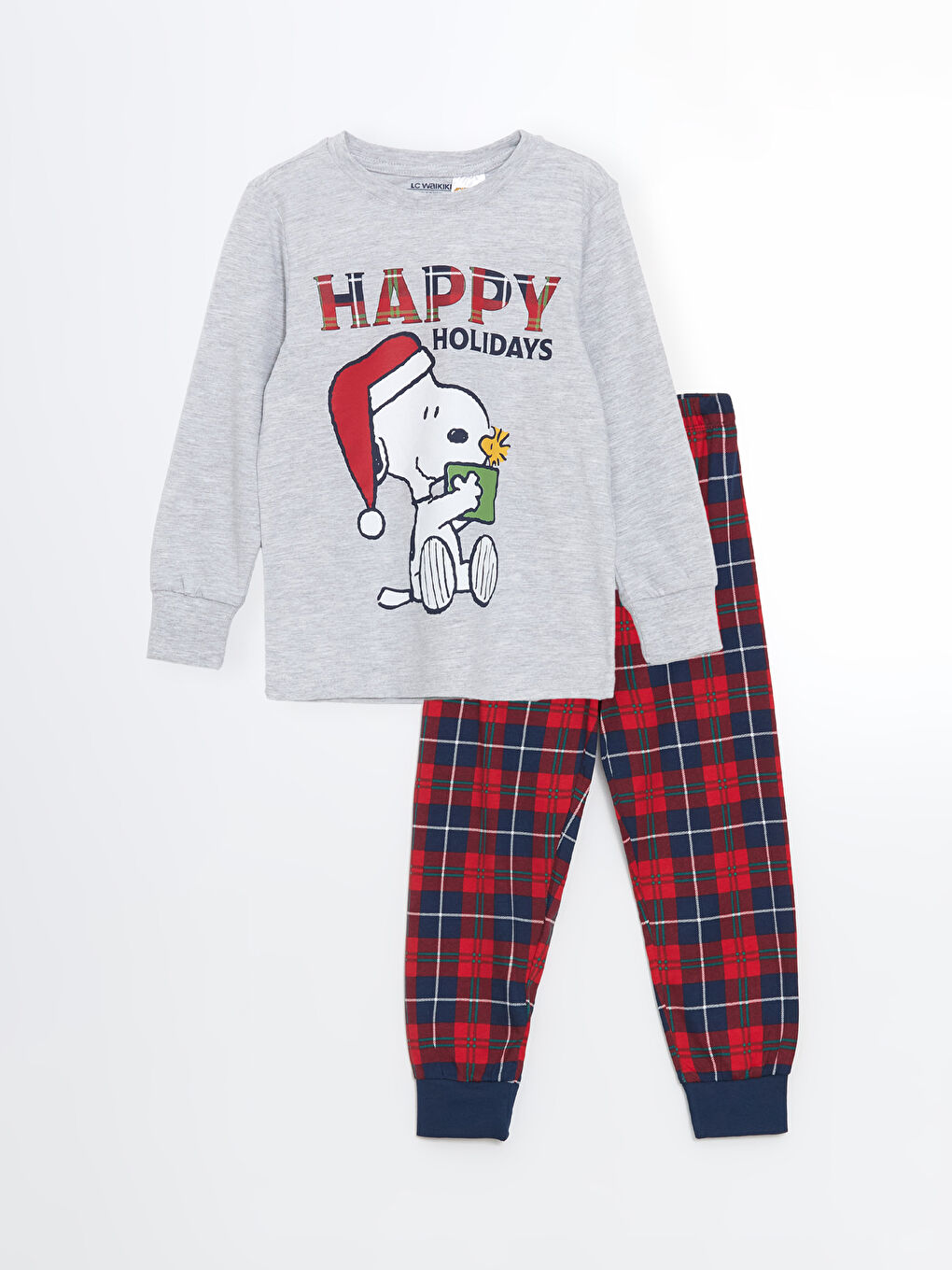 LCW Kids Açık Gri Melanj Bisiklet Yaka Snoopy Baskılı Erkek Çocuk Pijama Takımı