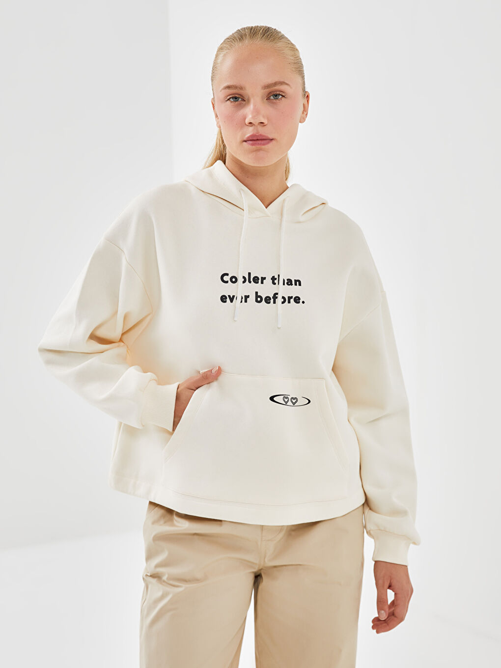 XSIDE Bej Baskılı Oversize Kadın Kalın Hoodie