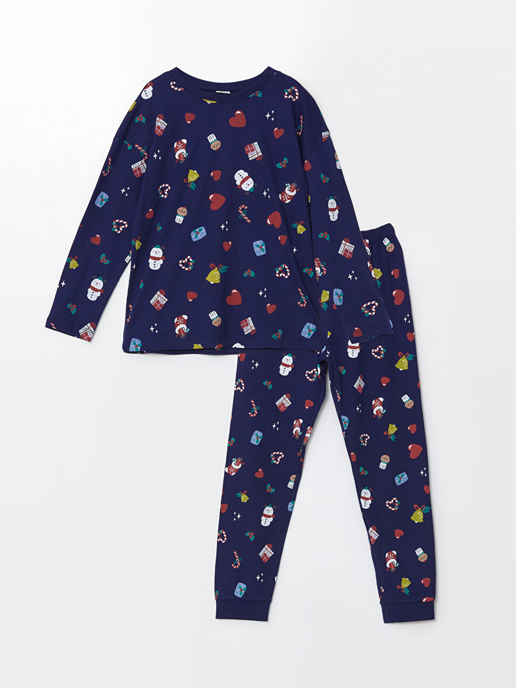 LCW Kids Lacivert Bisiklet Yaka Yılbaşı Temalı Kız Çocuk Pijama Takımı