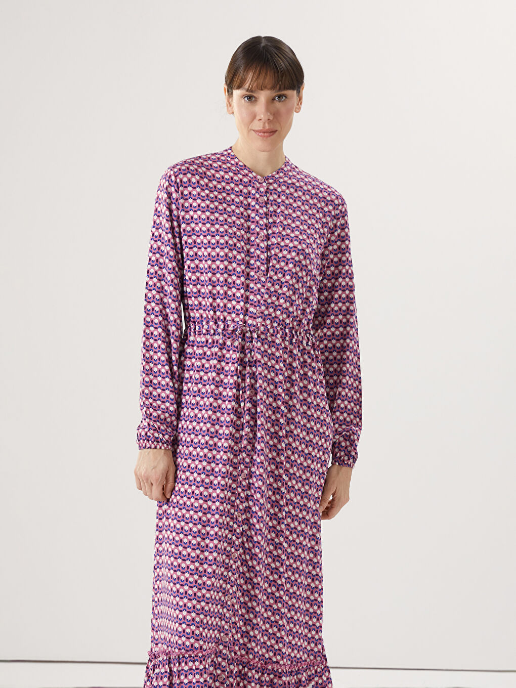 Жіноча візерунчаста сукня з коміром-стійкою-1