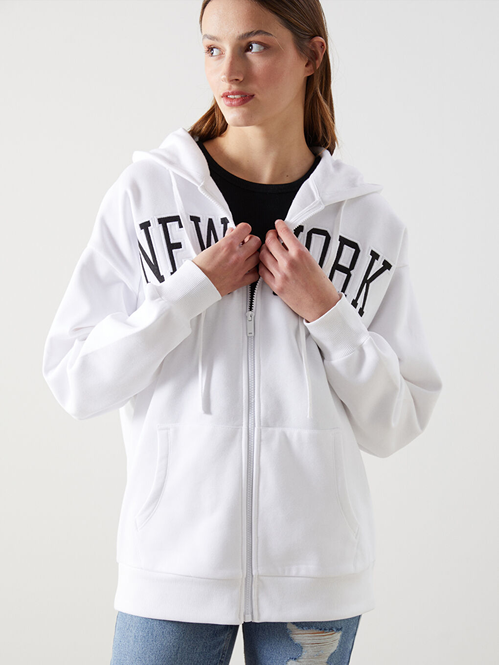 New York Embroidered Women's Thick Zip-Up Sweatshirt