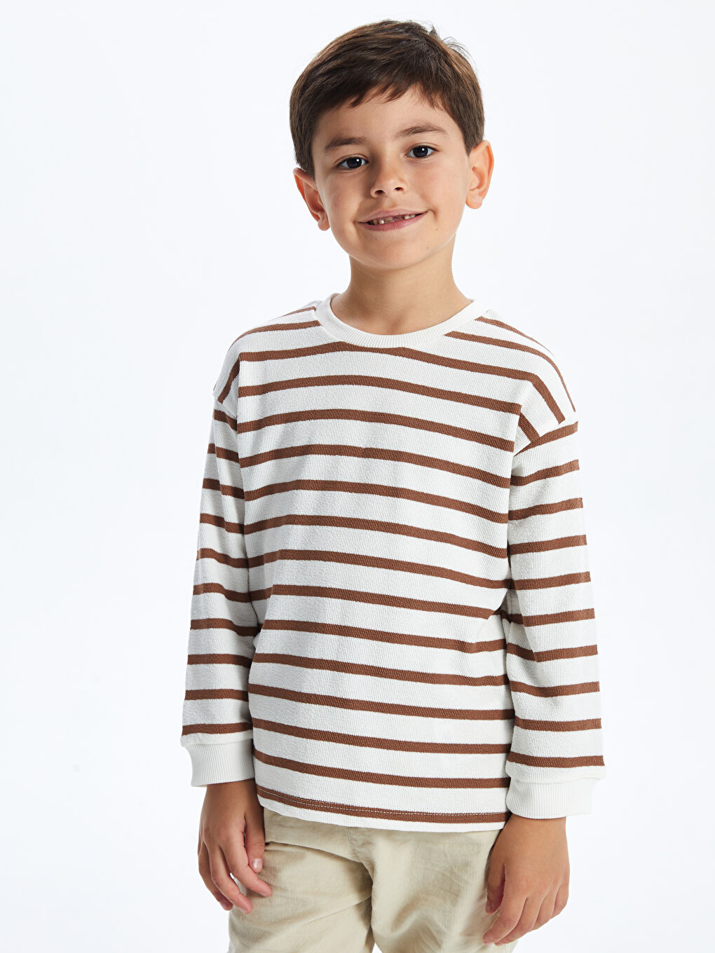 LCW Kids Bej Bisiklet Yaka Çizgili Erkek Çocuk Sweatshirt