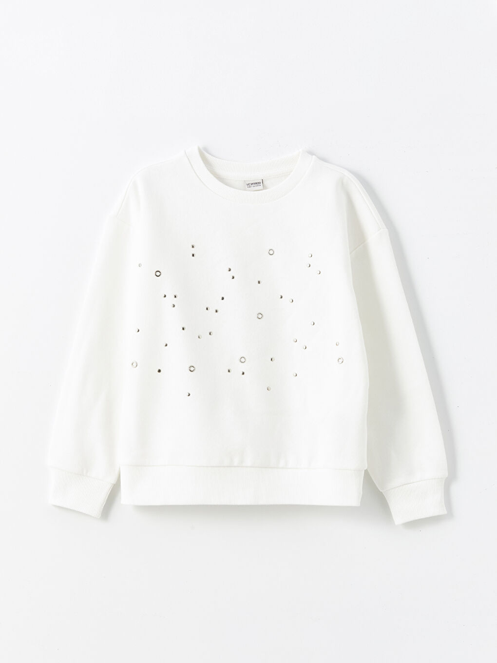 LCW Kids Ekru Bisiklet Yaka Taşlı Kız Çocuk Sweatshirt