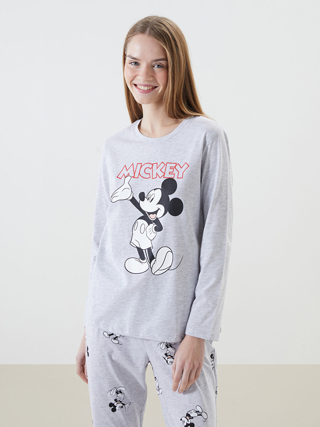 LCW DREAM Gri Bisiklet Yaka Mickey Mouse Baskılı Kadın Pijama Takımı