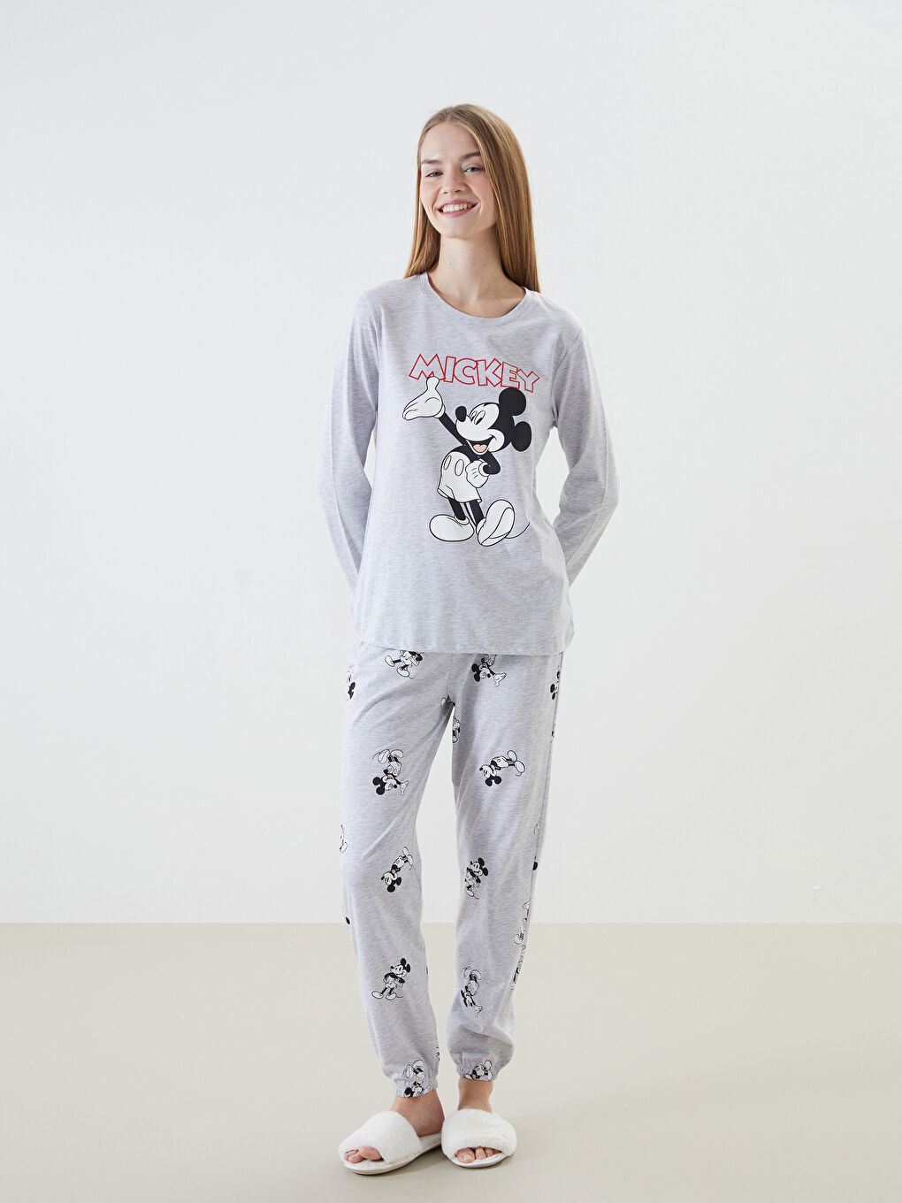 LCW DREAM Gri Bisiklet Yaka Mickey Mouse Baskılı Kadın Pijama Takımı - 1