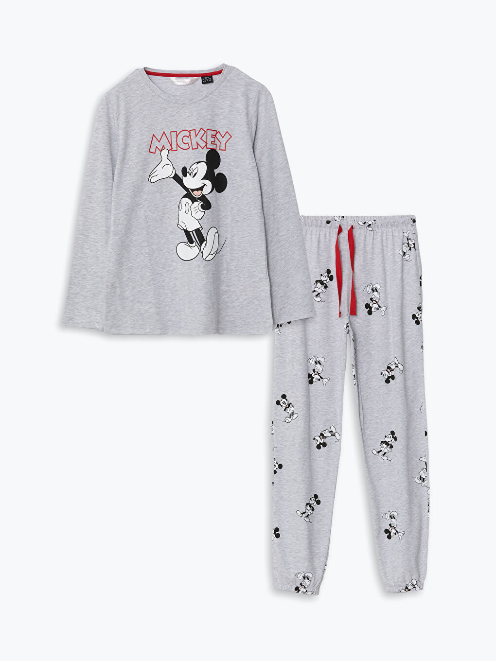 LCW DREAM Gri Melanj Baskılı Bisiklet Yaka Mickey Mouse Baskılı Kadın Pijama Takımı