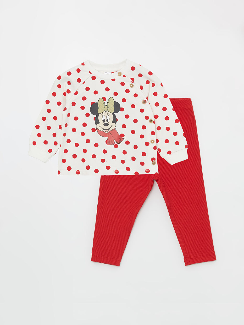 LCW baby Ekru Baskılı Bisiklet Yaka Minnie Mouse Baskılı Kız Bebek Sweatshirt ve Tayt 2'li Takım