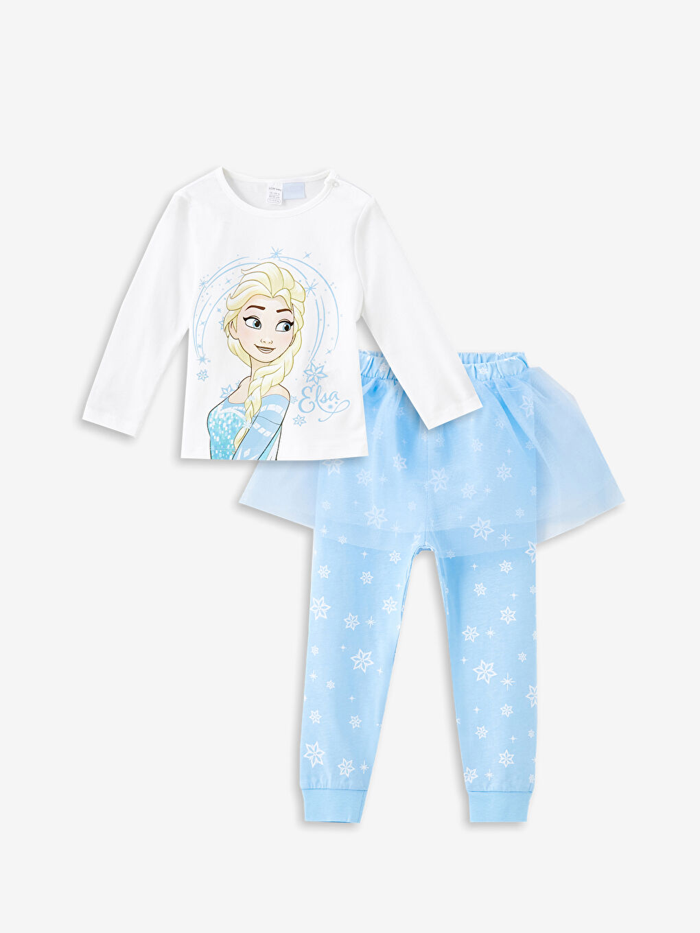 LCW baby Optik Beyaz Bisiklet Yaka Uzun Kollu Elsa Baskılı Kız Bebek Pijama Takım