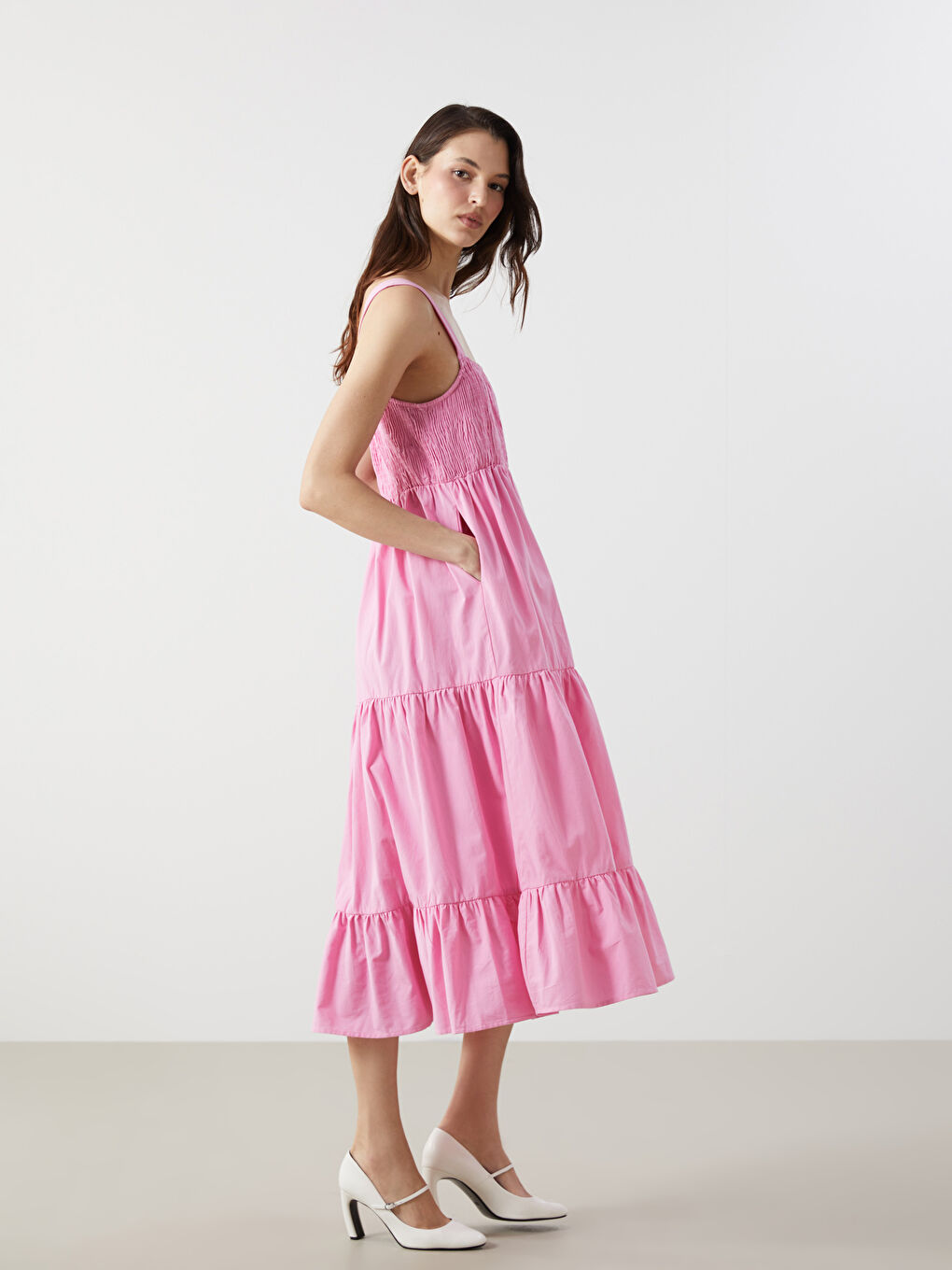 Robe Longue Unie à Fines Bretelles pour Femmes à Col Carré