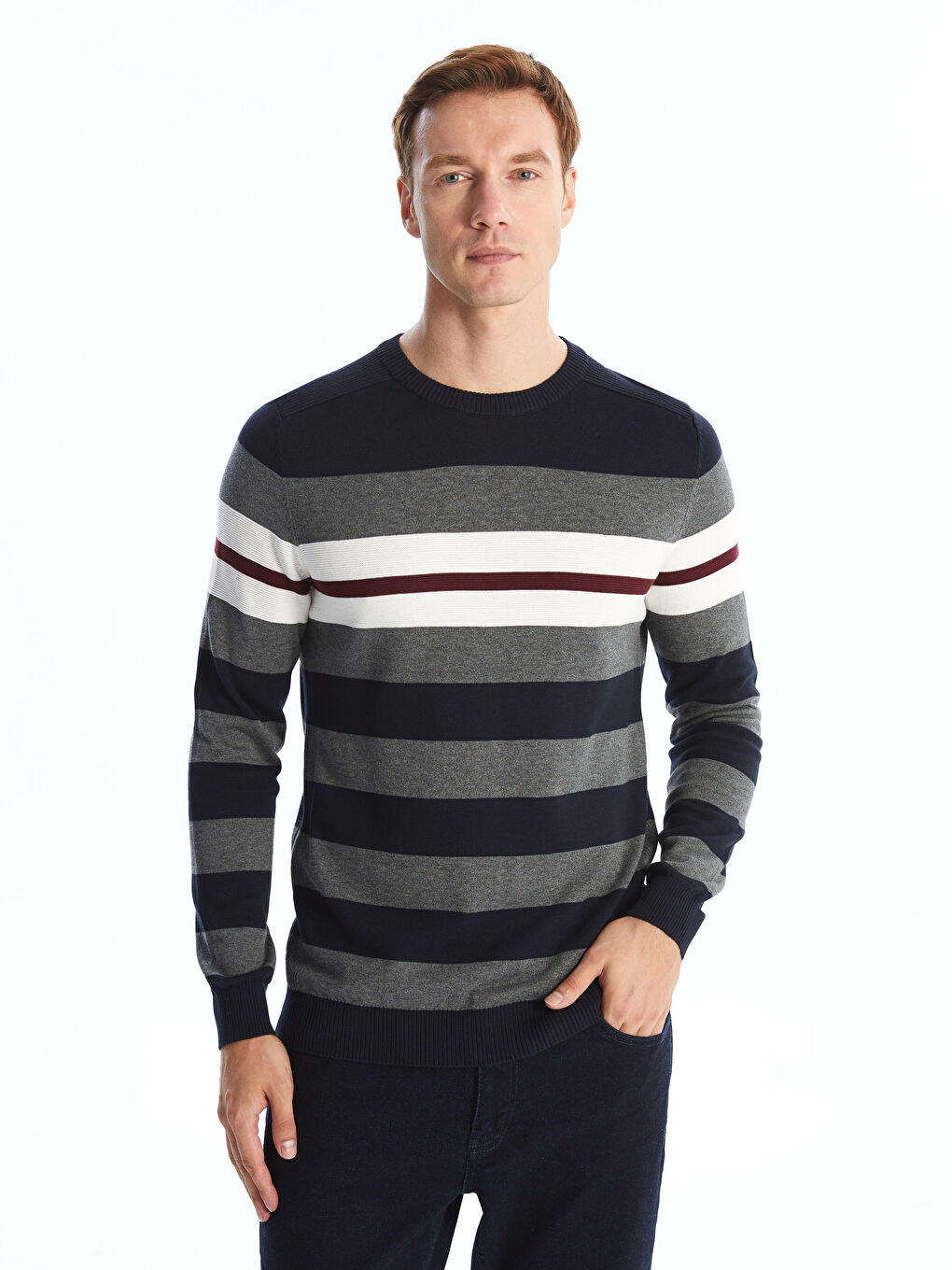 LCWAIKIKI Classic Crew Neck Long Sleeve Striped Men's Knitwear Sweater -W4EO62Z8-NOO