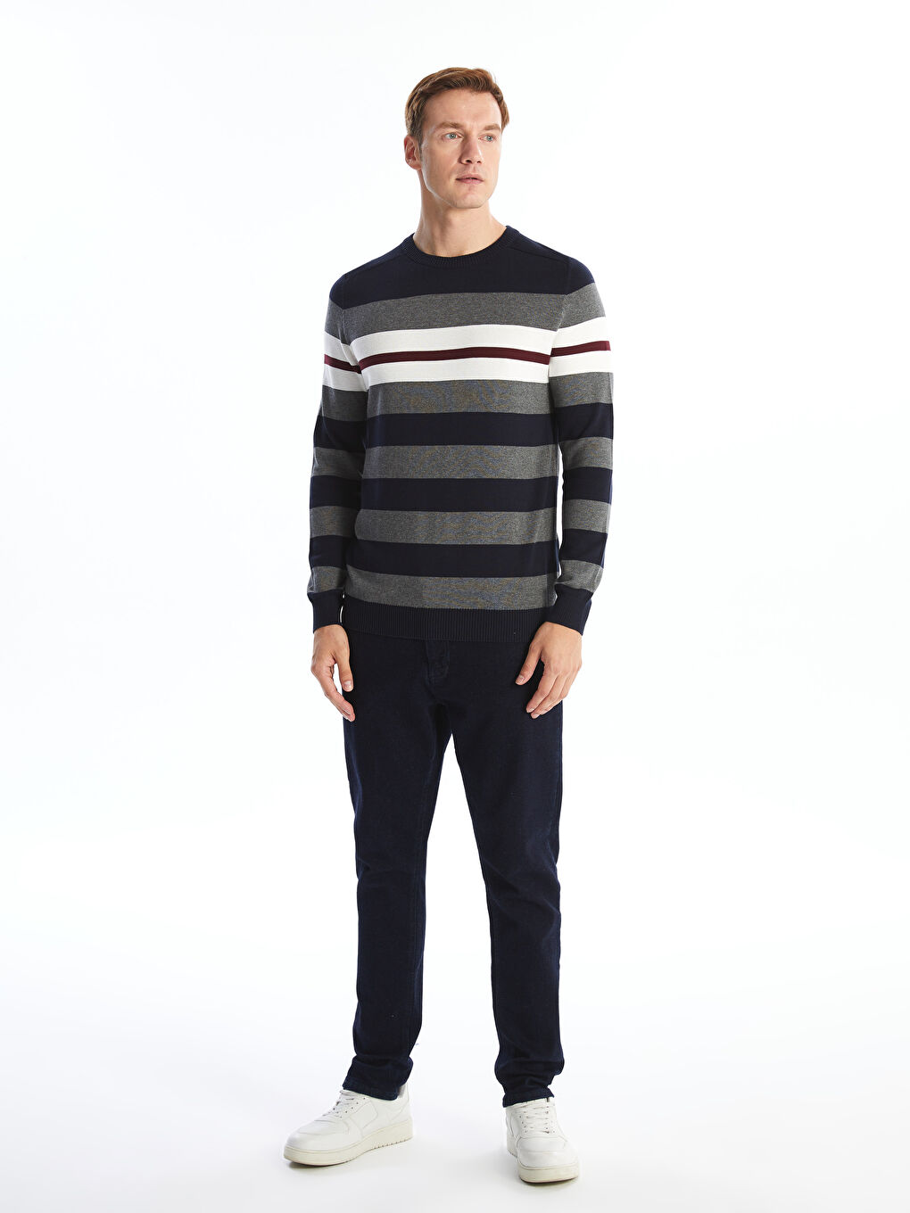 LCWAIKIKI Classic Crew Neck Long Sleeve Striped Men's Knitwear Sweater -W4EO62Z8-NOO