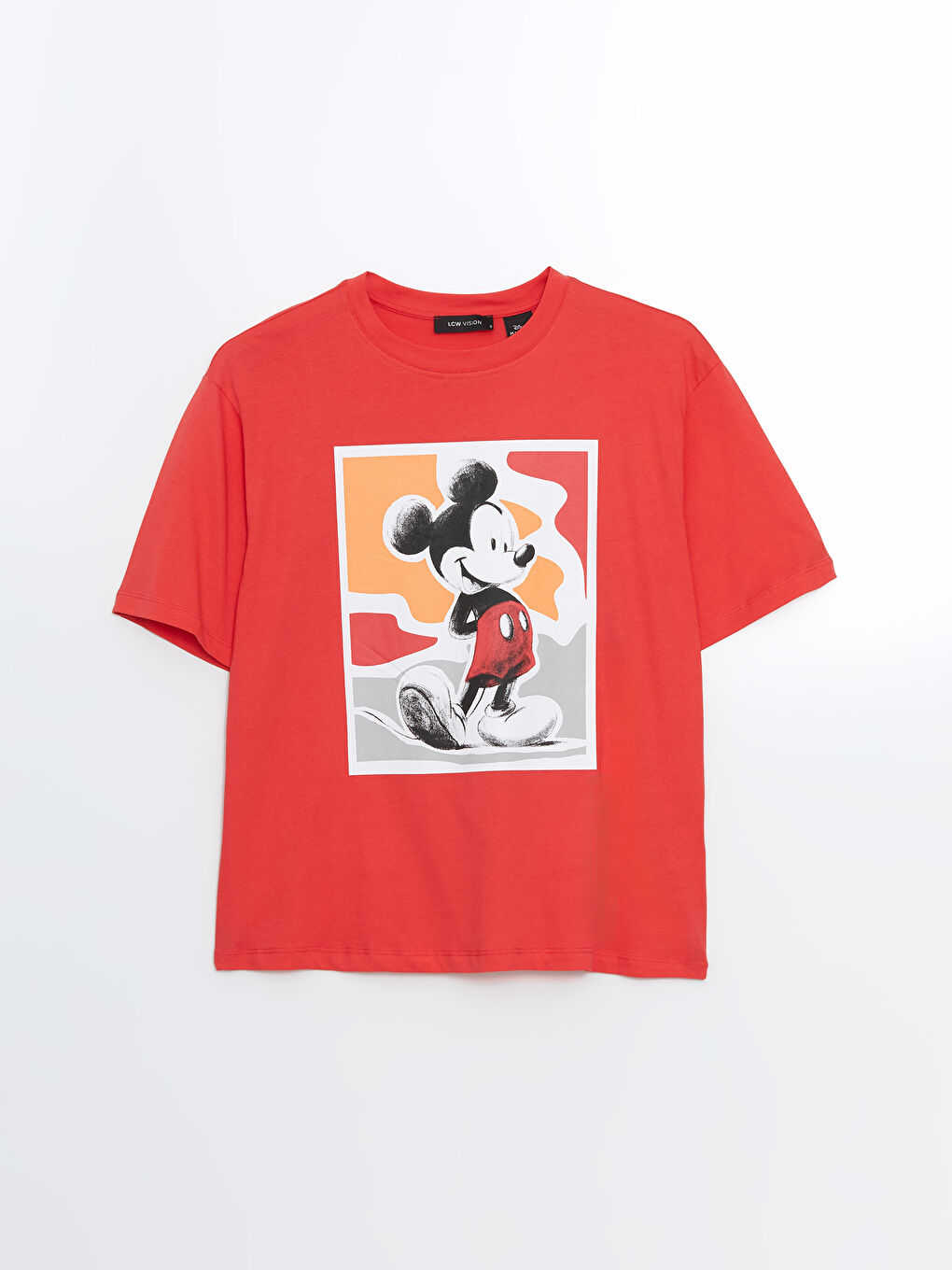 Kırmızı Mickey Mouse Baskılı Oversize Kadın Tişört-4