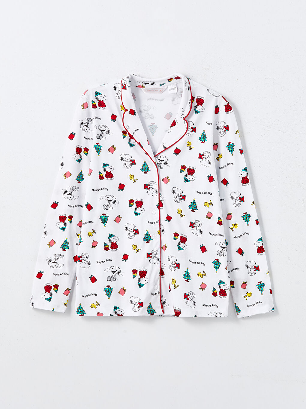 Ekru Gömlek Yaka Yılbaşı Temalı Kadın Pijama Üst