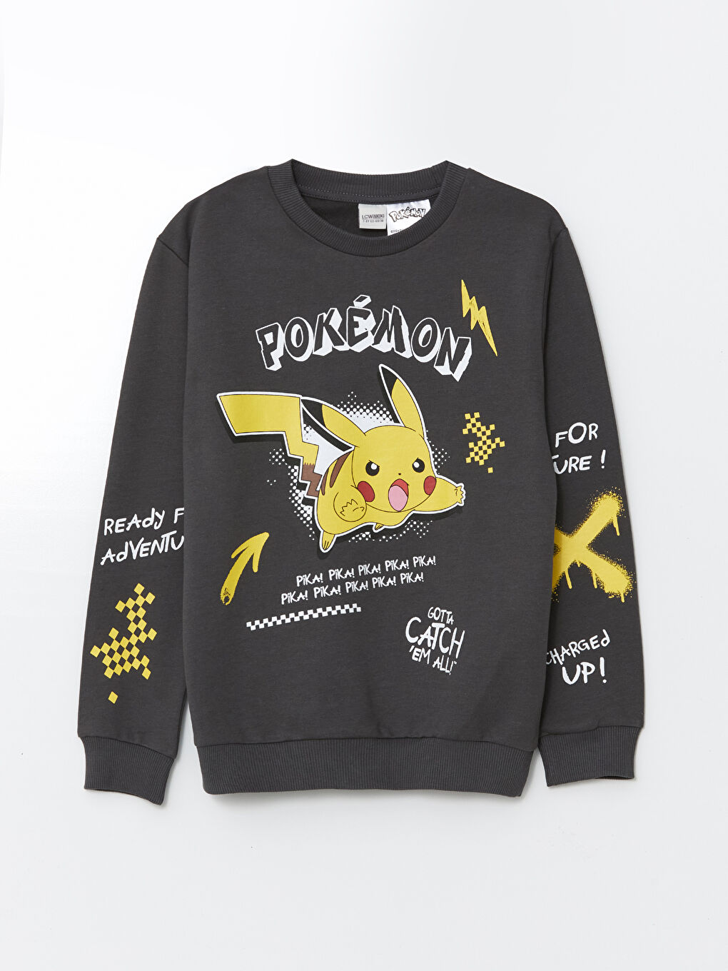 LCW Kids Antrasit Bisiklet Yaka Pikachu Baskılı Erkek Çocuk Sweatshirt