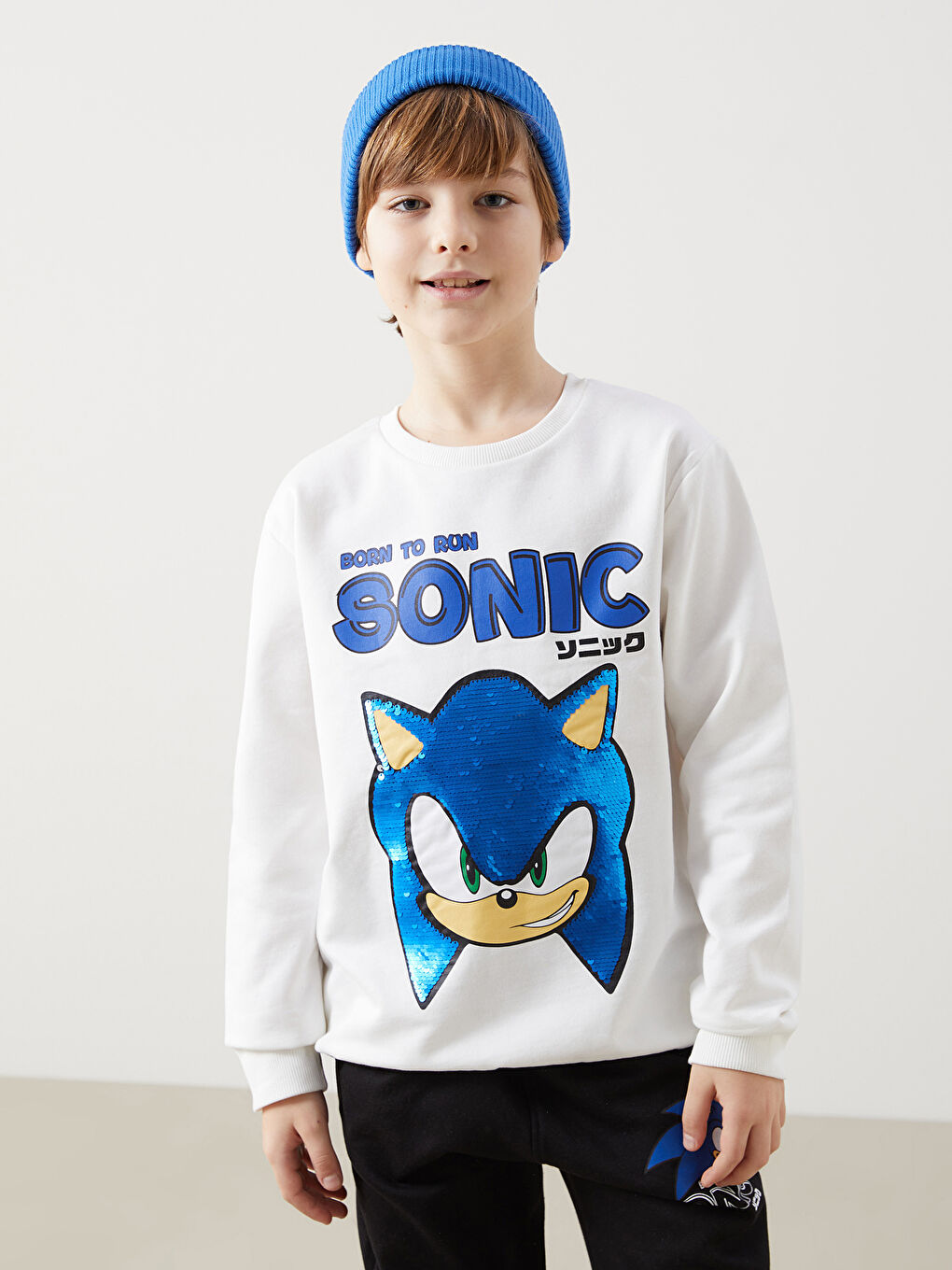 Ekru Bisiklet Yaka Sonic Baskılı Erkek Çocuk Sweatshirt