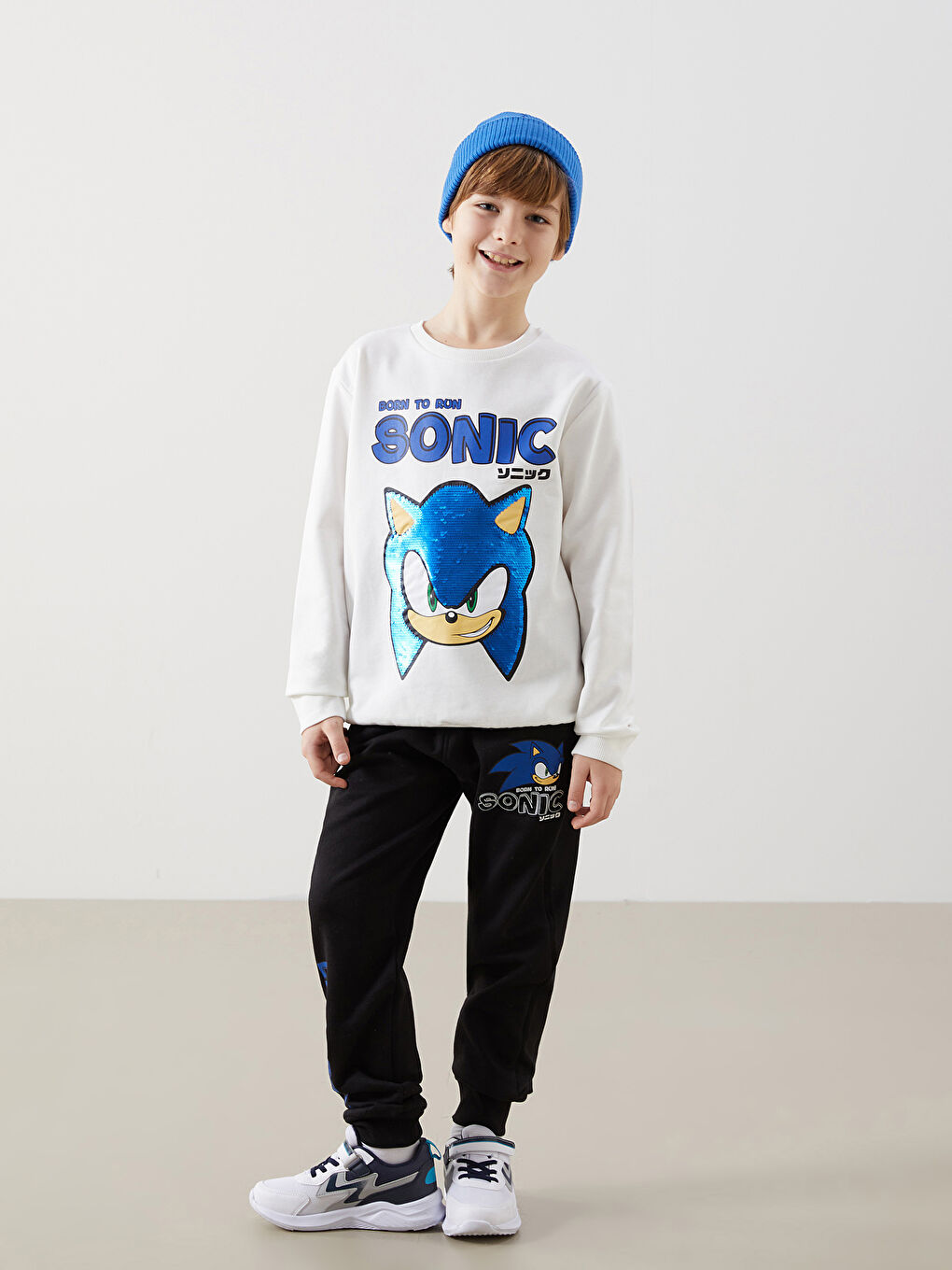 Ekru Bisiklet Yaka Sonic Baskılı Erkek Çocuk Sweatshirt-1
