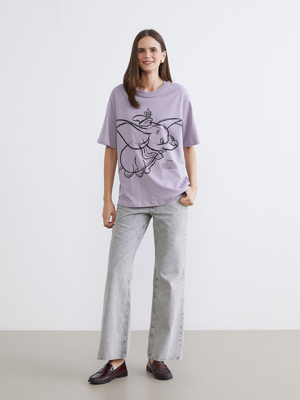 Lila Dumbo Baskılı Oversize Kadın Tişört-1