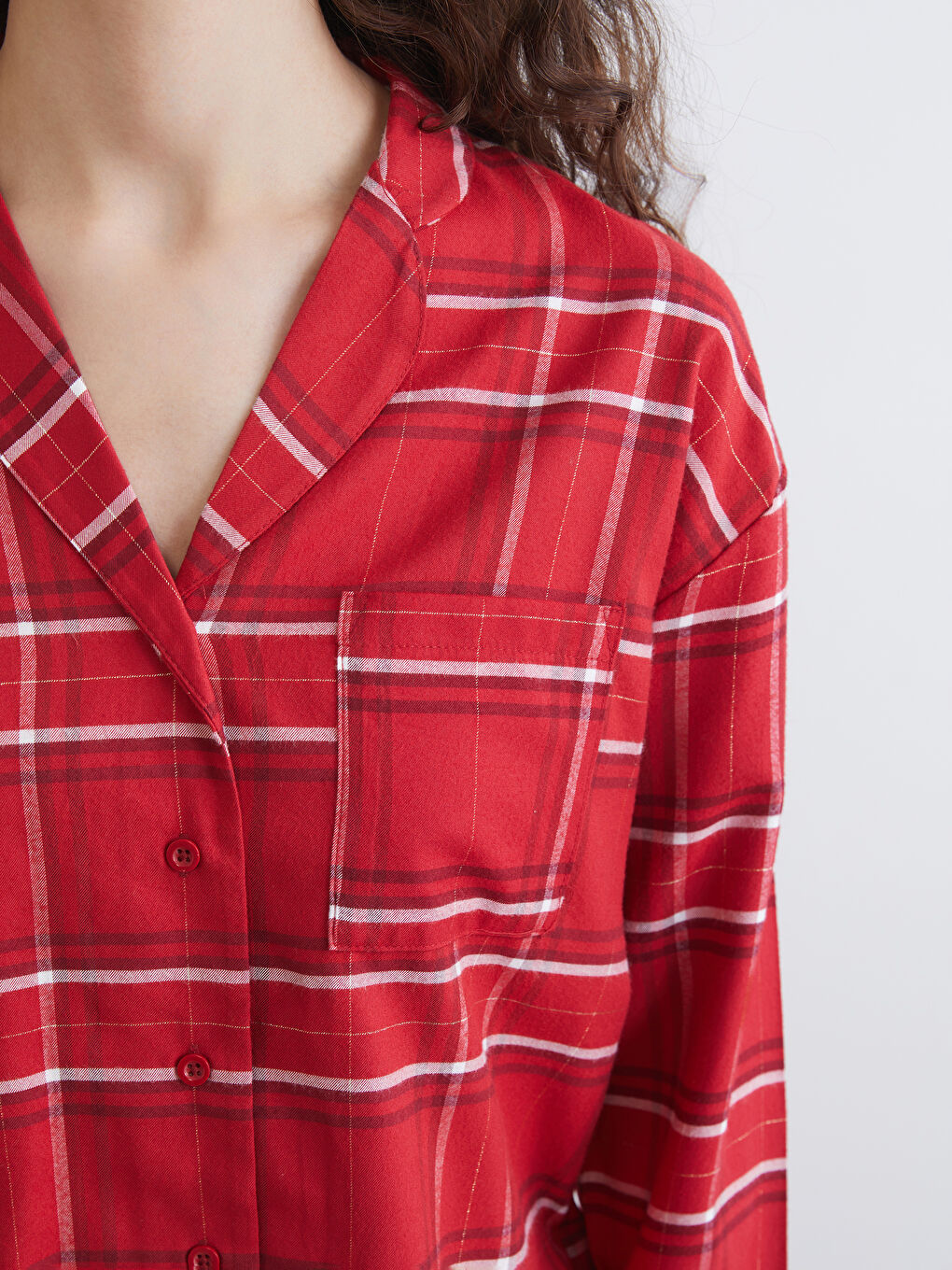 Kırmızı Gömlek Yaka Ekose Kadın Pijama Üstü-2