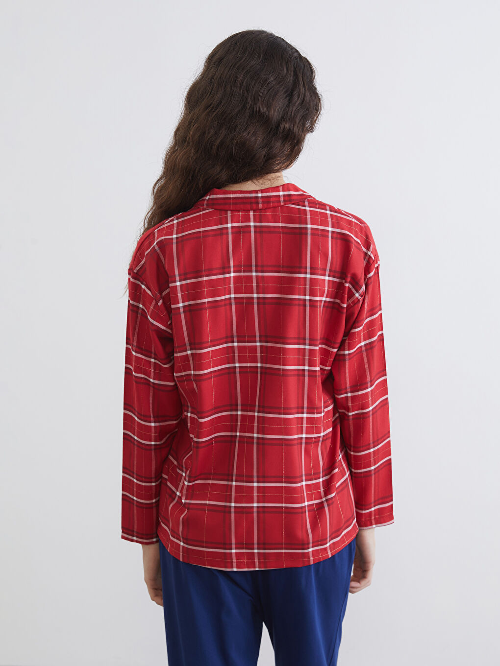 Kırmızı Gömlek Yaka Ekose Kadın Pijama Üstü-3