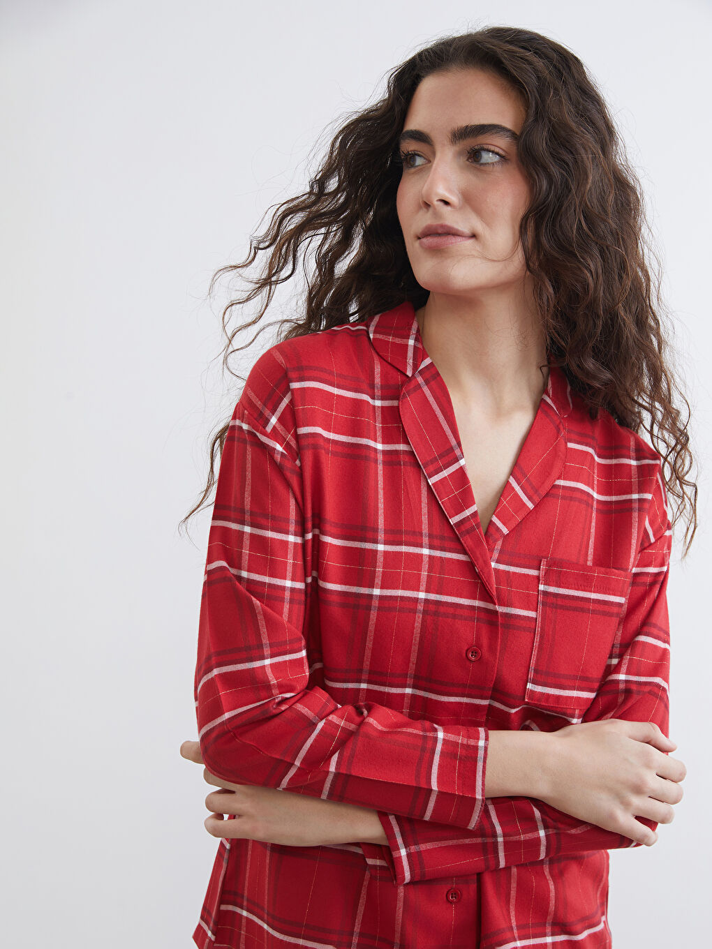 Kırmızı Gömlek Yaka Ekose Kadın Pijama Üstü
