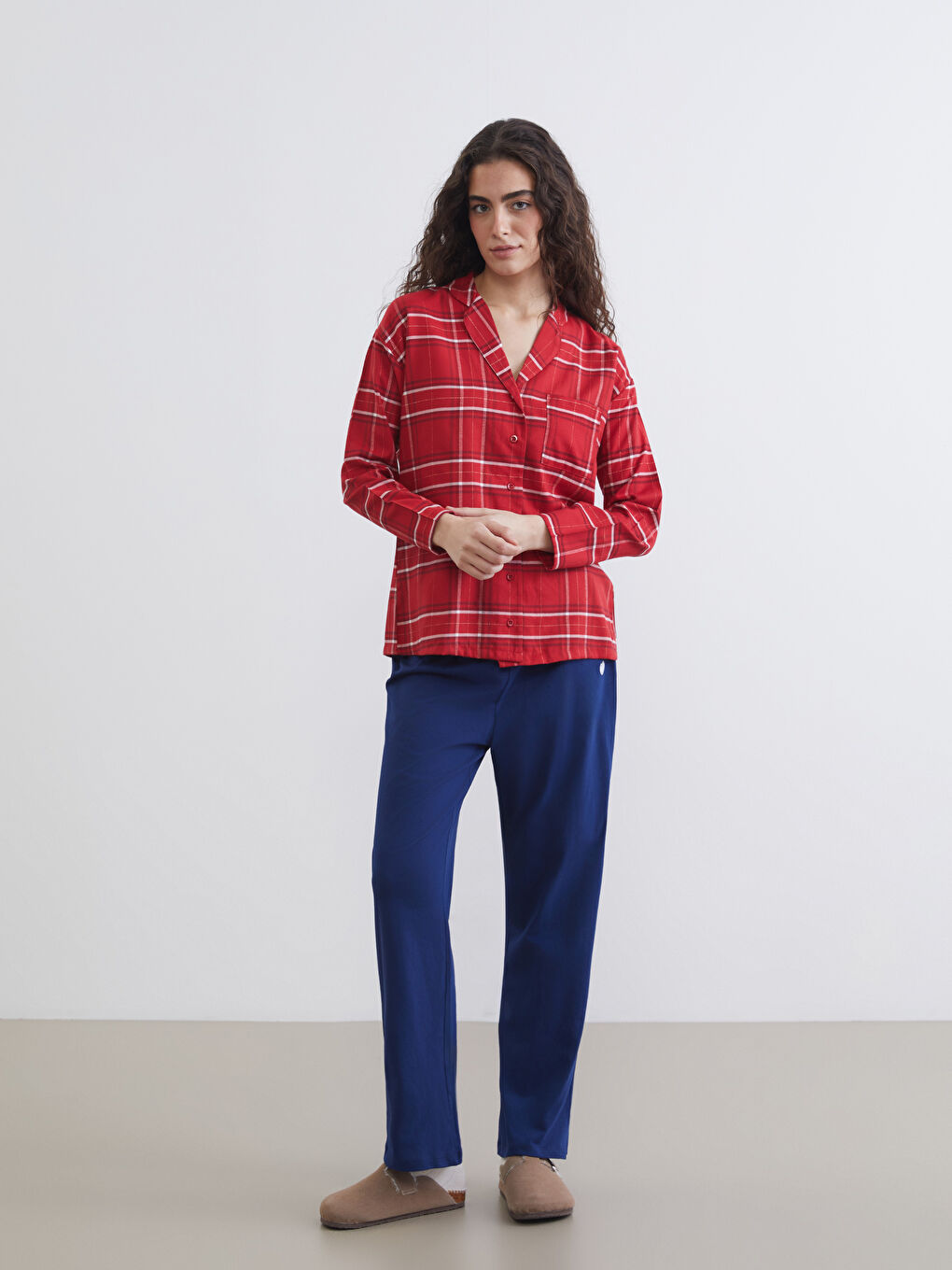 Kırmızı Gömlek Yaka Ekose Kadın Pijama Üstü-1