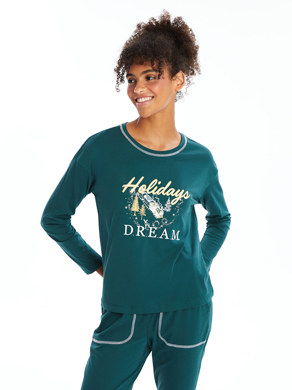 LCW DREAM Yeşil Bisiklet Yaka Baskılı Kadın Pijama Takımı - 1