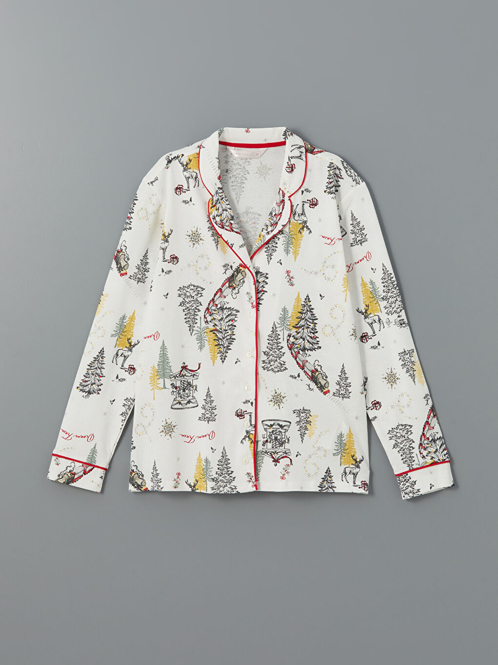 Ekru Gömlek Yaka Yılbaşı Temalı Kadın Pijama Üst