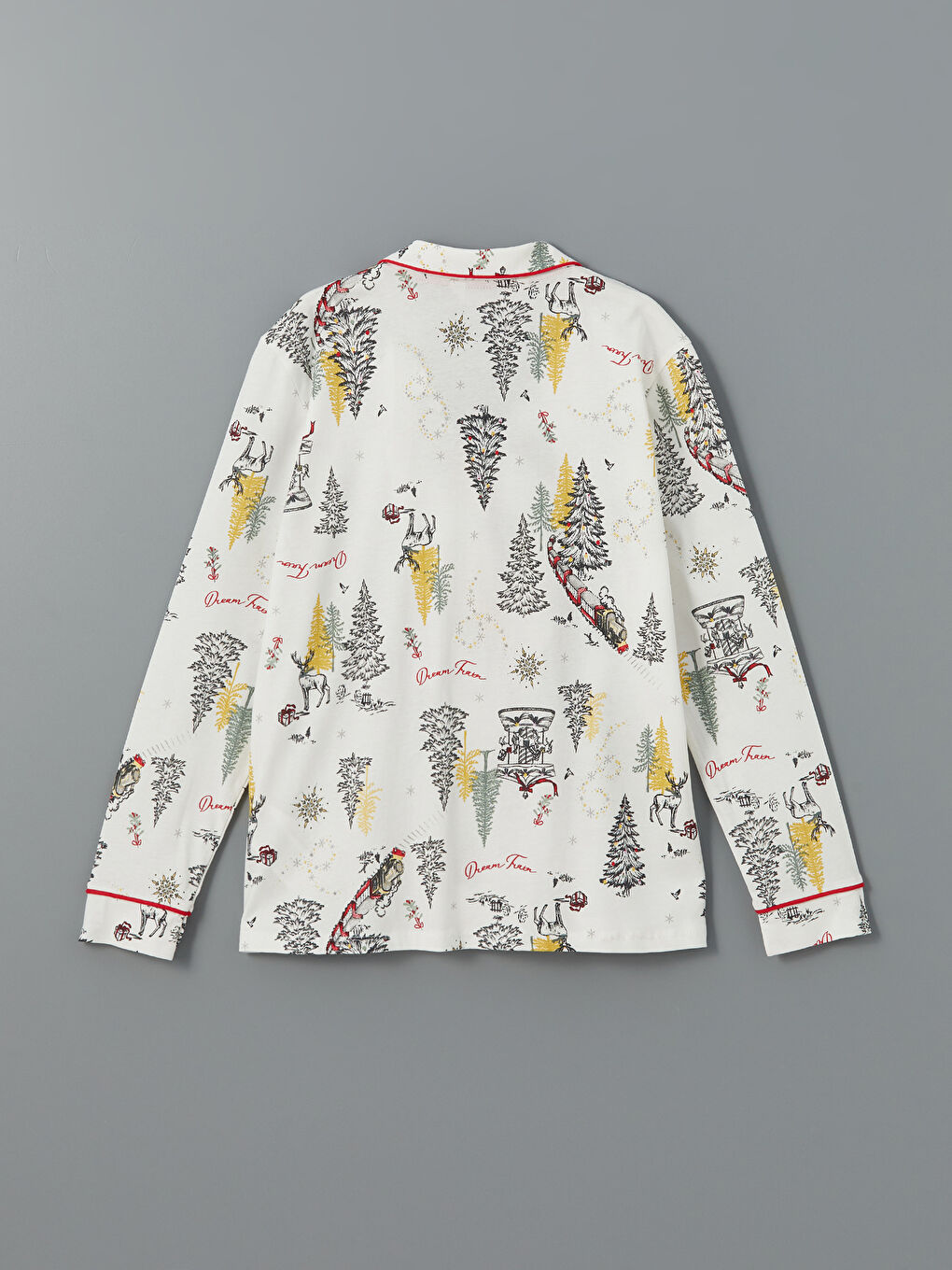 Ekru Gömlek Yaka Yılbaşı Temalı Kadın Pijama Üst-1
