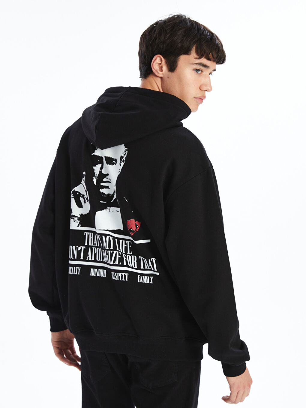 LCW Casual Yeni Siyah Uzun Kollu The Godfather Baskılı Erkek Hoodie