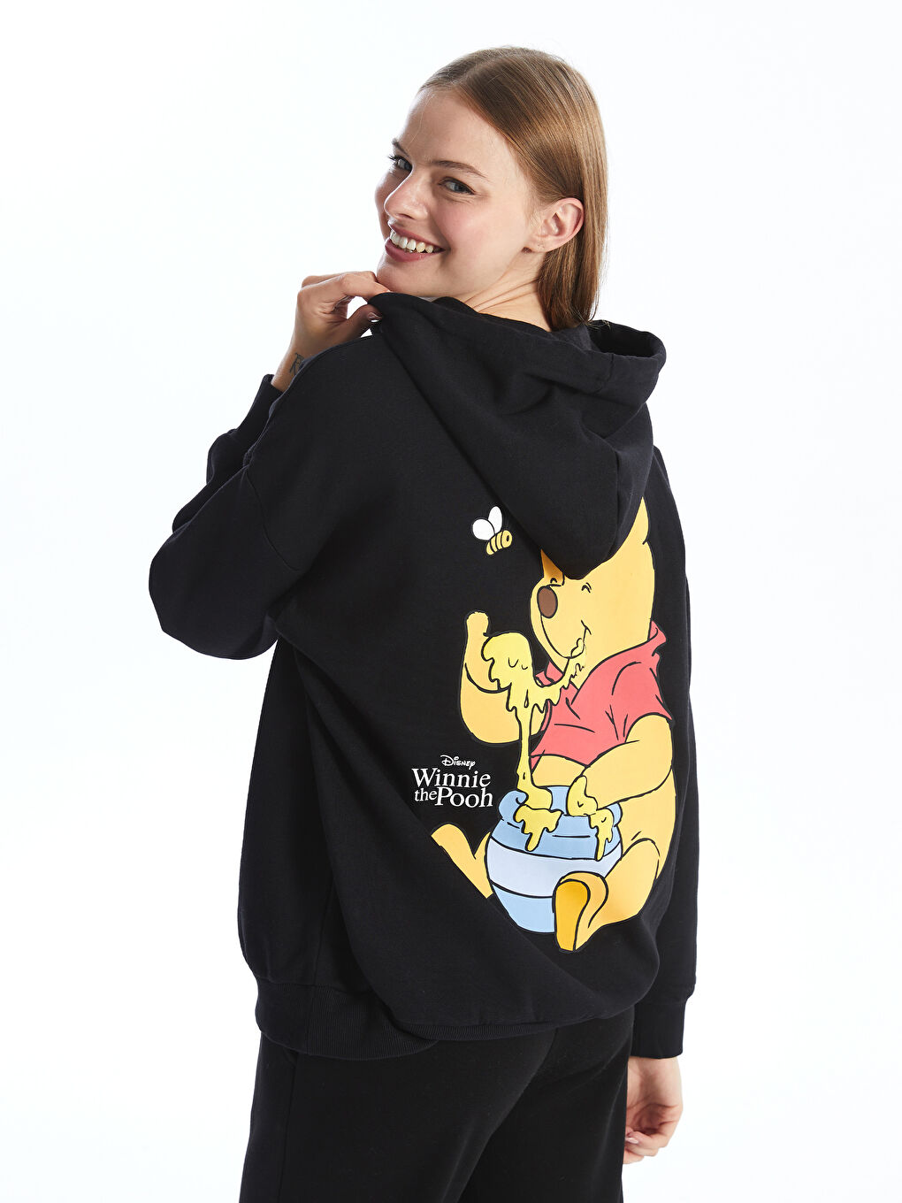 XSIDE Yeni Siyah Winnie the Pooh Baskılı Oversize Kadın Kalın Hoodie