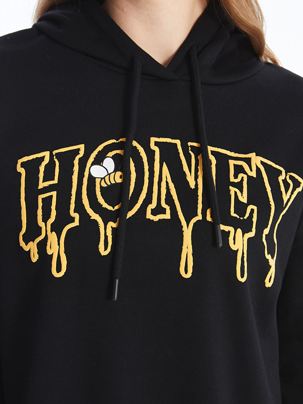 XSIDE Yeni Siyah Winnie the Pooh Baskılı Oversize Kadın Kalın Hoodie - 2