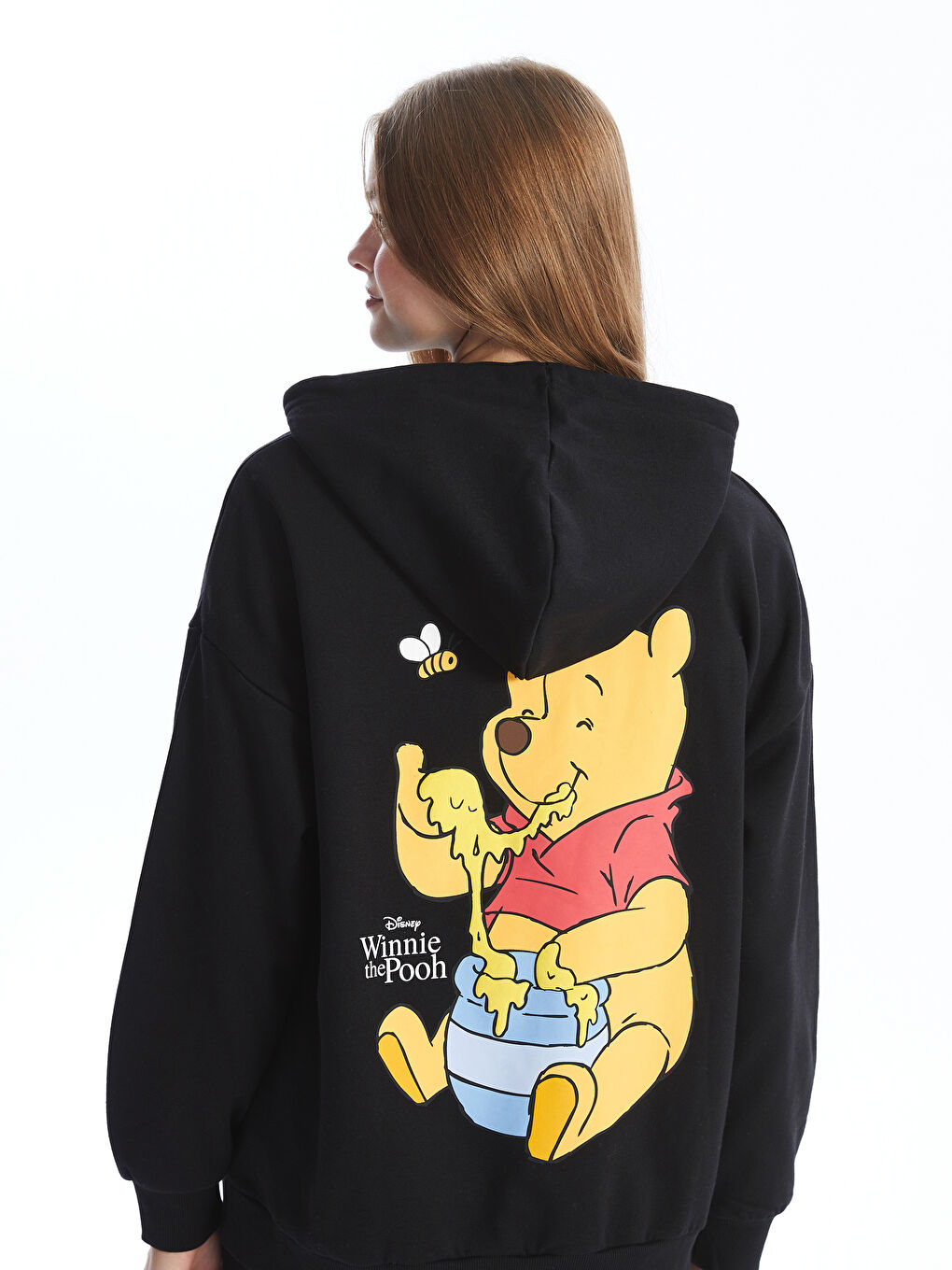 XSIDE Yeni Siyah Winnie the Pooh Baskılı Oversize Kadın Kalın Hoodie - 3