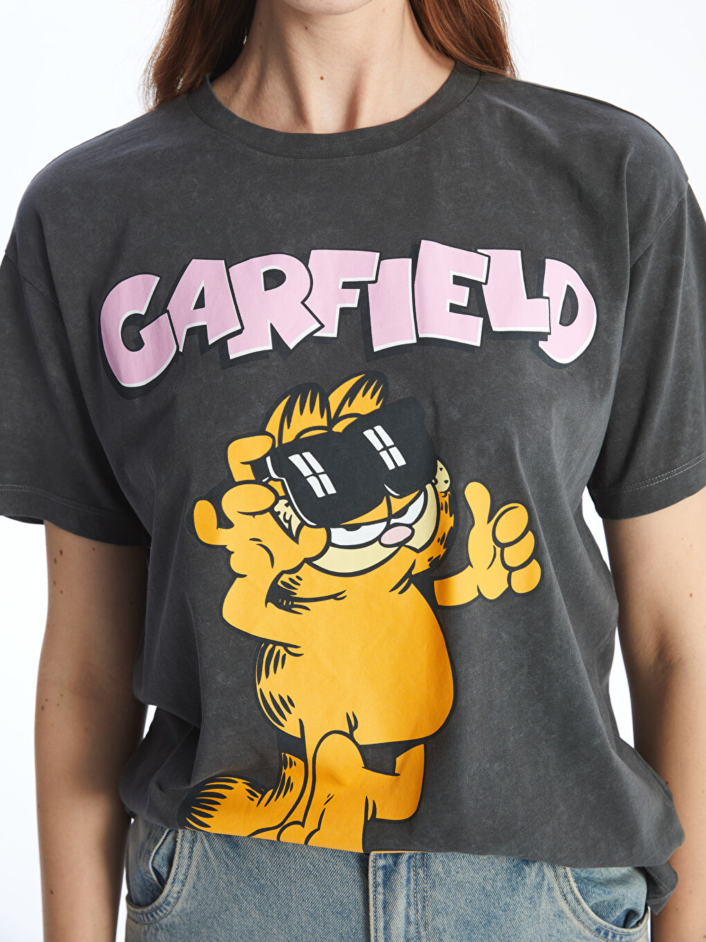 XSIDE Antrasit Bisiklet Yaka Garfield Baskılı Kadın Tişört - 2