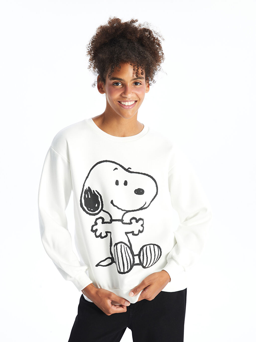 XSIDE Ekru Bisiklet Yaka Snoopy Baskılı Oversize Kadın Kalın Sweatshirt