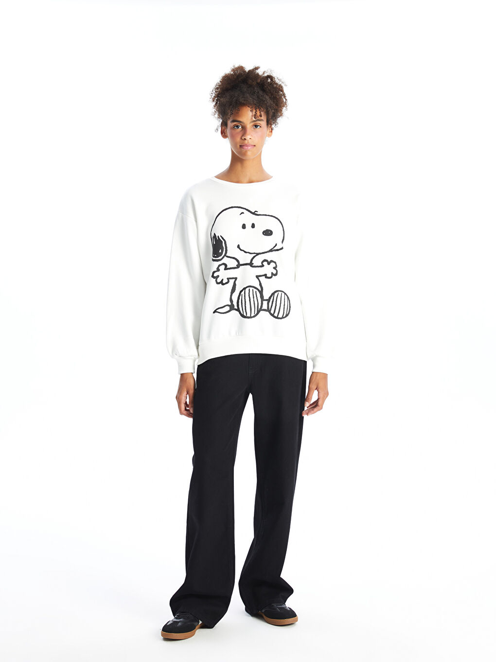 XSIDE Ekru Bisiklet Yaka Snoopy Baskılı Oversize Kadın Kalın Sweatshirt - 1