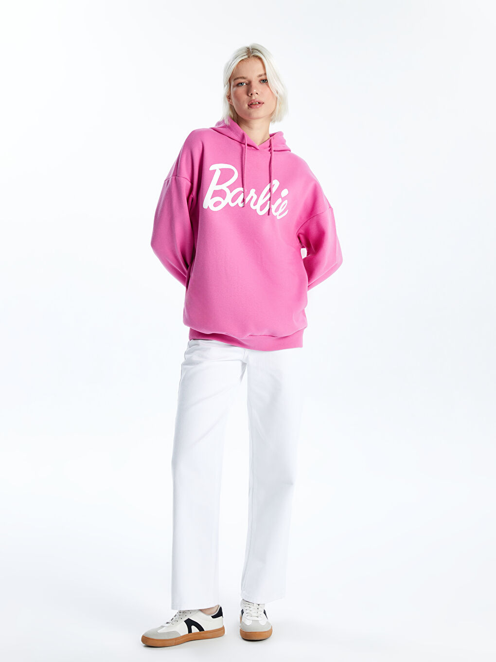 XSIDE Pembe Barbie Baskılı Uzun Kollu Oversize Kadın Kalın Hoodie - 1