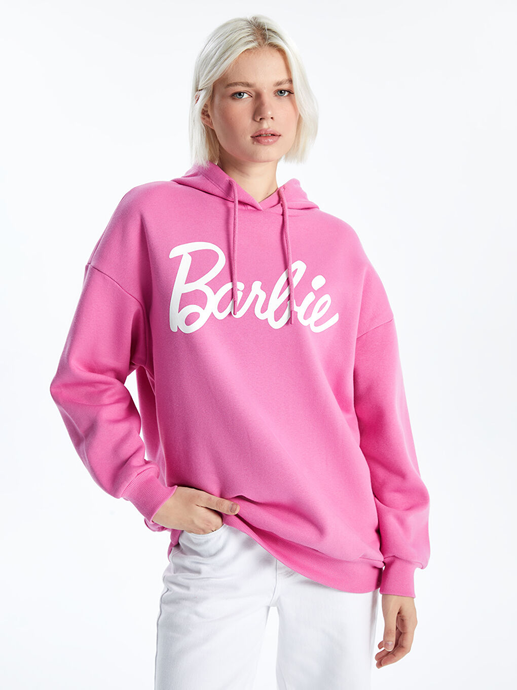 XSIDE Pembe Barbie Baskılı Uzun Kollu Oversize Kadın Kalın Hoodie - 3