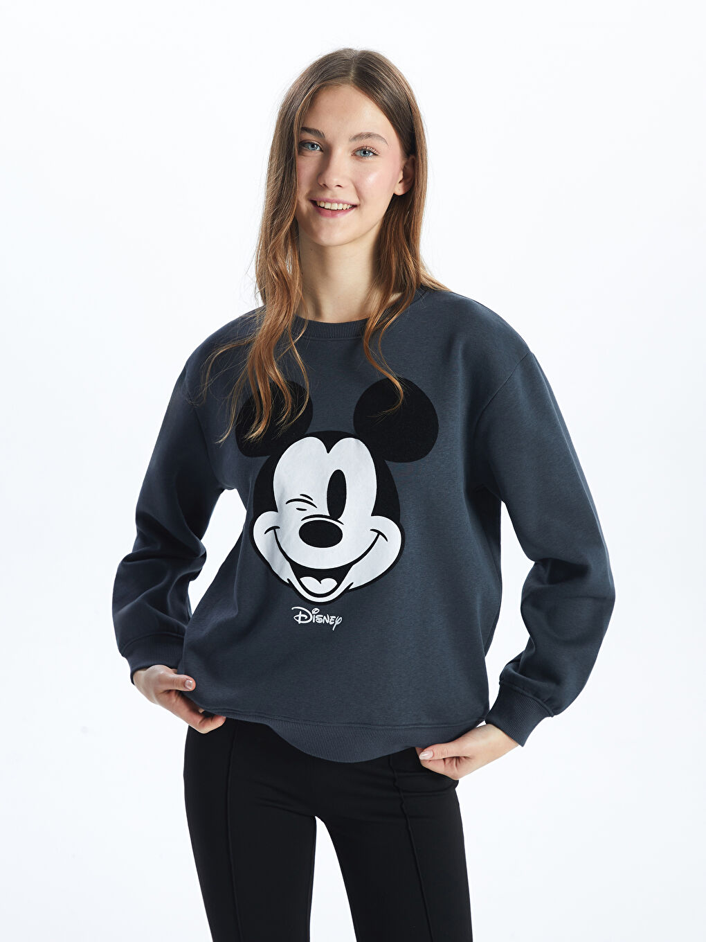 XSIDE Antrasit Bisiklet Yaka Mickey Mouse Baskılı Kadın Kalın Sweatshirt