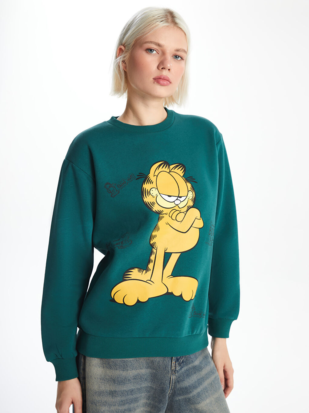 XSIDE Yeşil Bisiklet Yaka Garfield Baskılı Kadın Kalın Sweatshirt