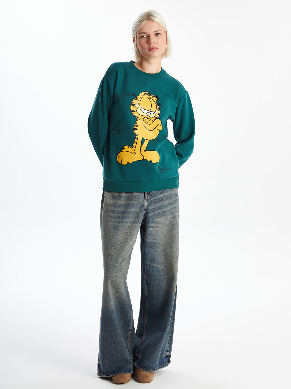 XSIDE Yeşil Bisiklet Yaka Garfield Baskılı Kadın Kalın Sweatshirt - 1