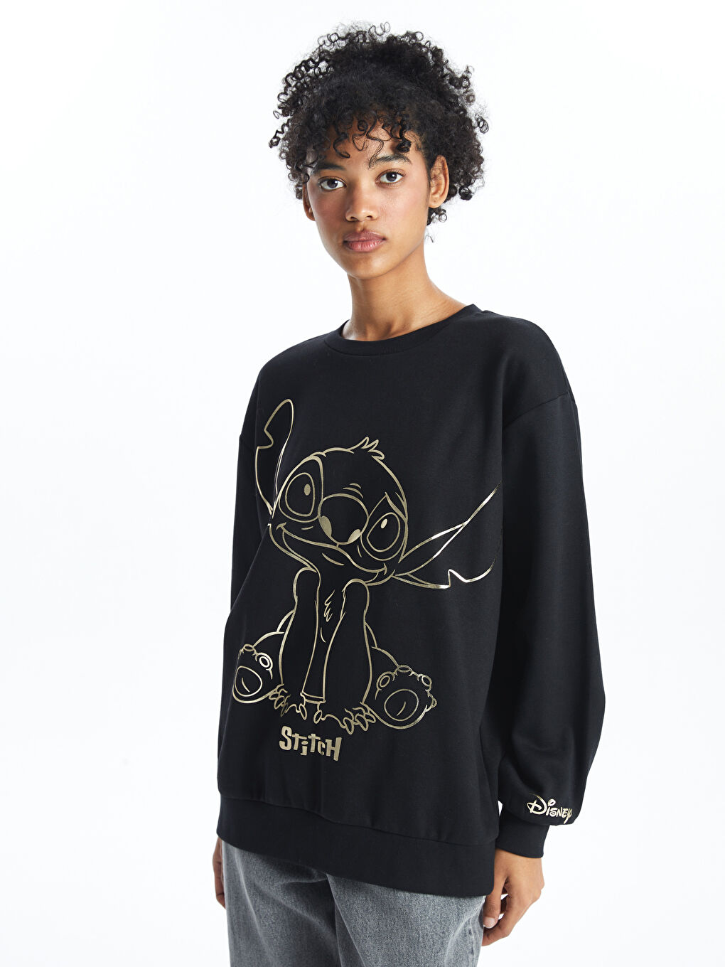 XSIDE Yeni Siyah Bisiklet Yaka Lilo & Stitch Baskılı Kadın Kalın Sweatshirt