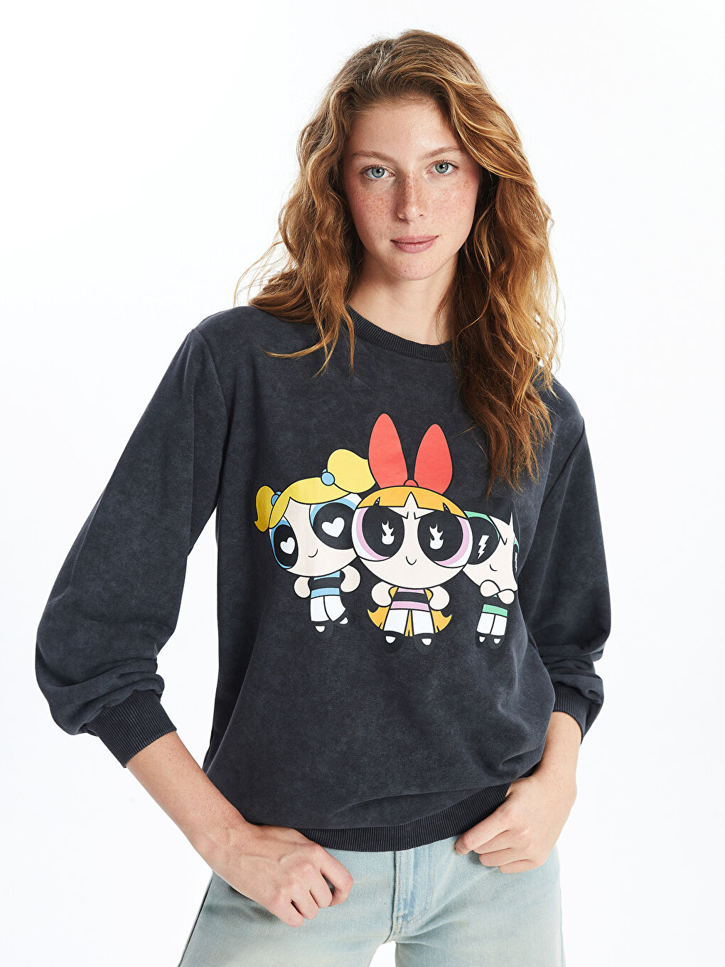 XSIDE Antrasit Bisiklet Yaka Powerpuff Girls Baskılı Kadın Sweatshirt