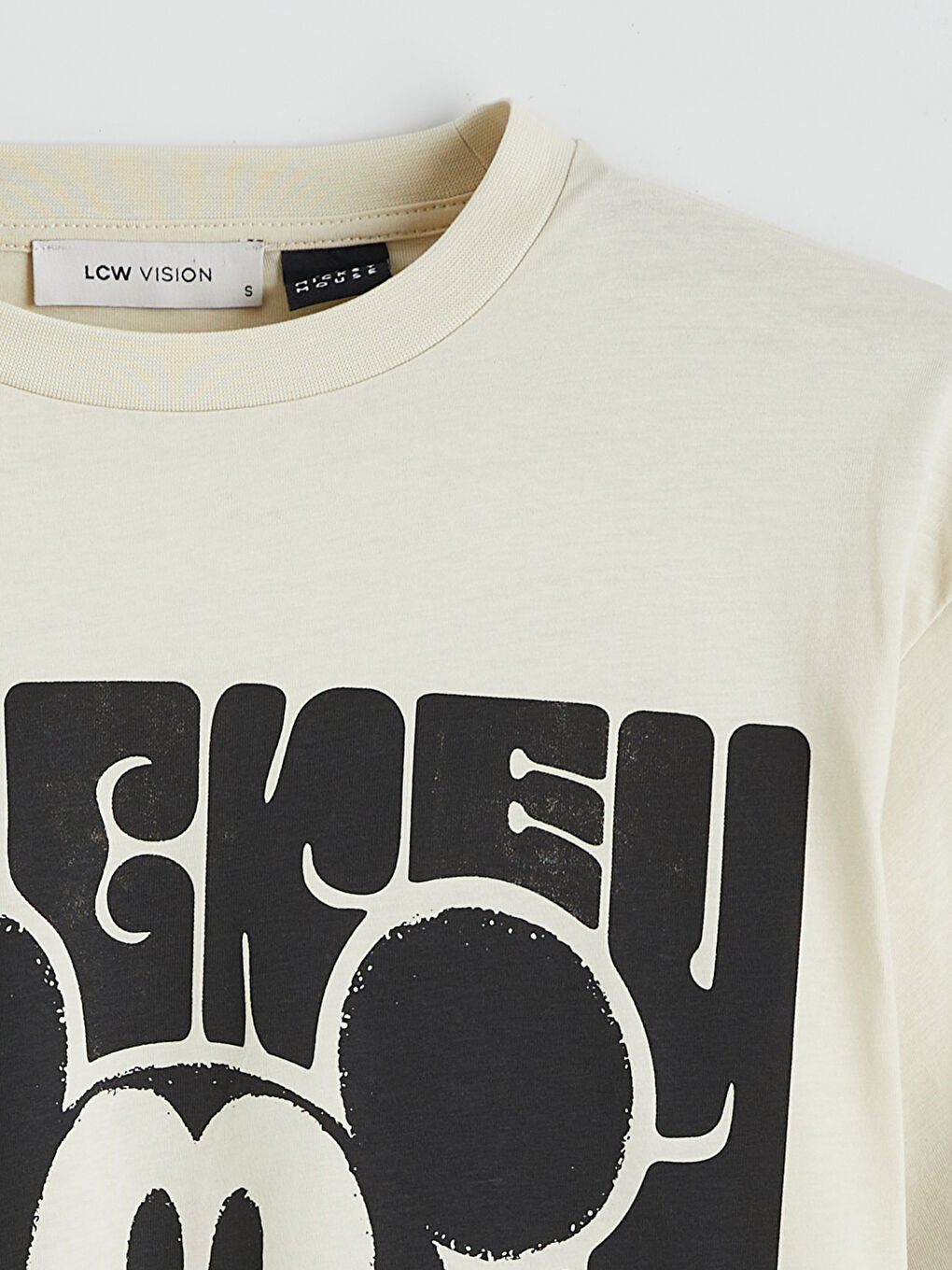 Bej Mickey Mouse Baskılı Oversize Kadın Tişört-5